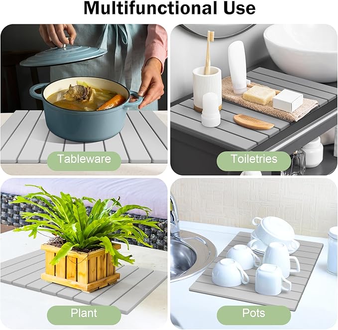 Stone Dish Drying Mat for Kitchen Counter,24"(L)×16"(W) Collapsible Fast-Drying Diatomaceous Earth Mats with Towel Sanding Tool,Versatile Stone Drying Mats for Cups Dishes Bottles