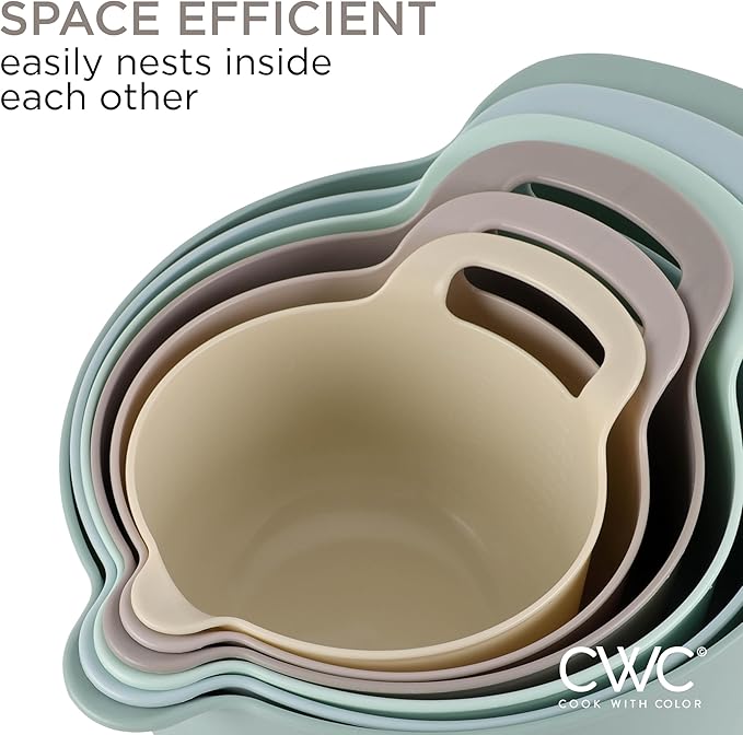 COOK WITH COLOR Nesting Plastic Mixing Bowl Set with Pour Spouts and Handles, Mint, 6 Piece Non-Slip