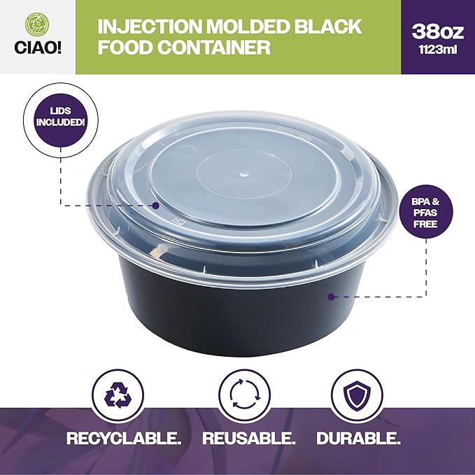 CIAO! Heavy Weight 38oz Injection Molded Microwavable Black Round Food Container with Lid (150/case)