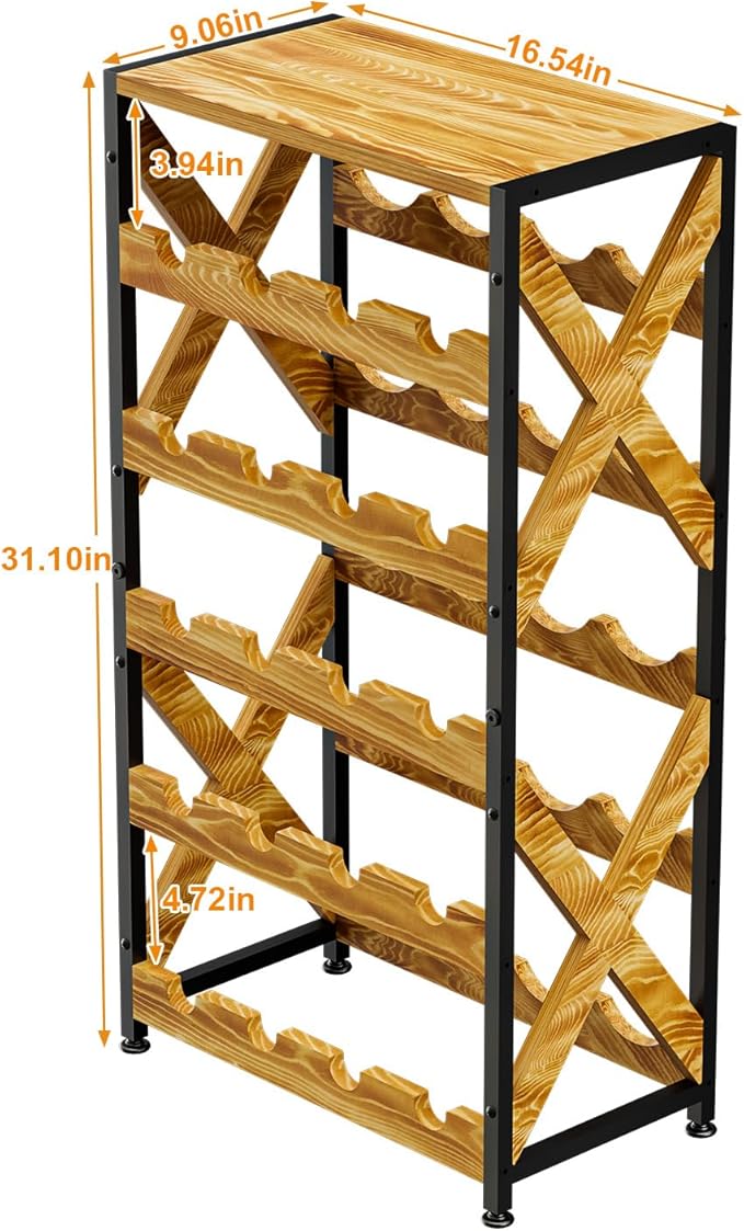 20 Bottle Wine Rack Freestanding Floor with Wood Top,Wobble-Free 5 Tier Wine Display Storage Stand Shelf,Stackable Modular Wine Bottle Holder Rack for Kitchen,Cellar,Living Room