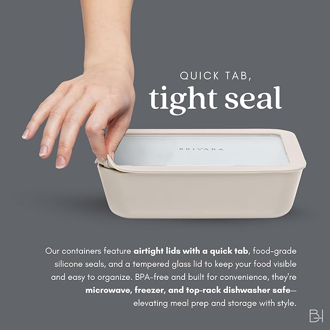 Ceramic Coated Glass Food Storage Container | No PTFE, PFOA, PFAS, and BPA | Reusable Non Toxic Meal Prep Container with Glass Lid | Easy To Store | 6 Cup Rectangle [Crema]