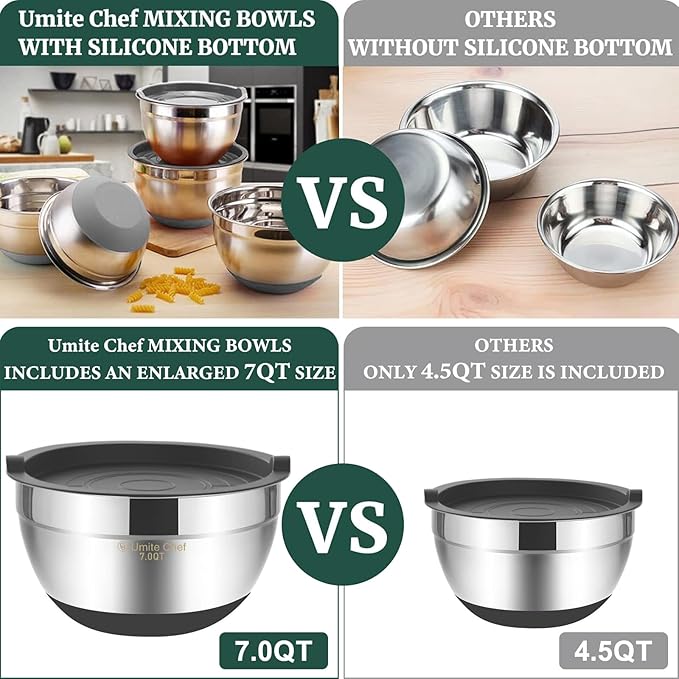 Umite Chef Mixing Bowls with Airtight Lids，6 piece Stainless Steel Metal Nesting Storage Bowls, Non-Slip Bottoms Size 7, 3.5, 2.5, 2.0,1.5, 1QT, Great for Mixing & Serving(Grey)