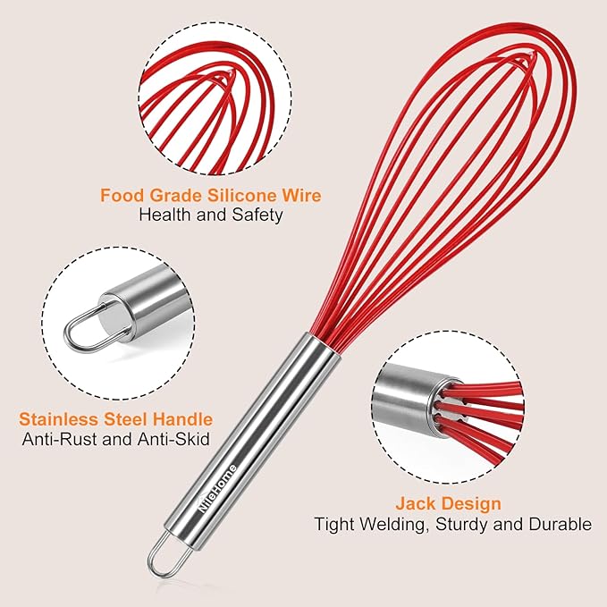 NileHome Whisk Commercial Stainless Steel wisk & Silicone Non-Stick Coated Small Whisk Set 8" 10" 12" Kitchen Wisk Wire Whisks for Cooking 3 Pack, Red