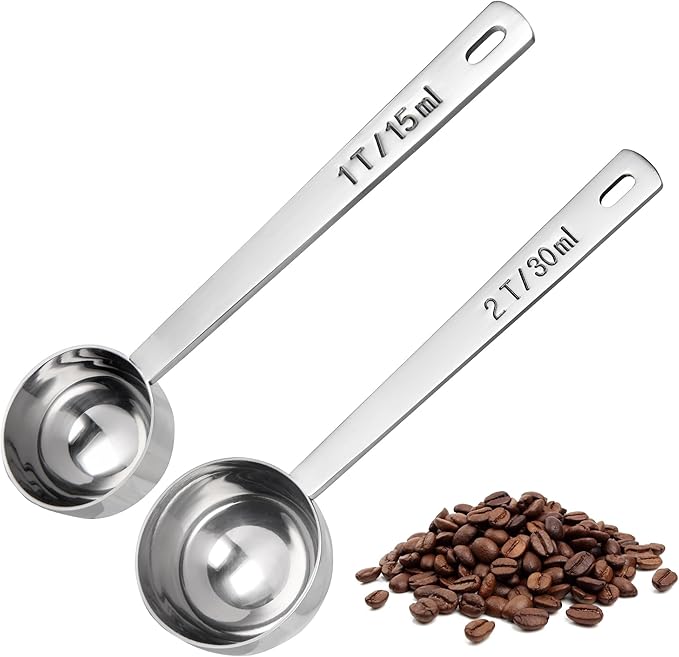 U-Taste Coffee Scoop 2 Tablespoon: 18/8 Stainless Steel Measuring Scooper for Ground Coffee, Bean, Powder, Espresso, 4.3in Long Handle Metal Measure Spoon for Canister, Jar (1Tbsp+2Tbsp / 15ml+30ml)