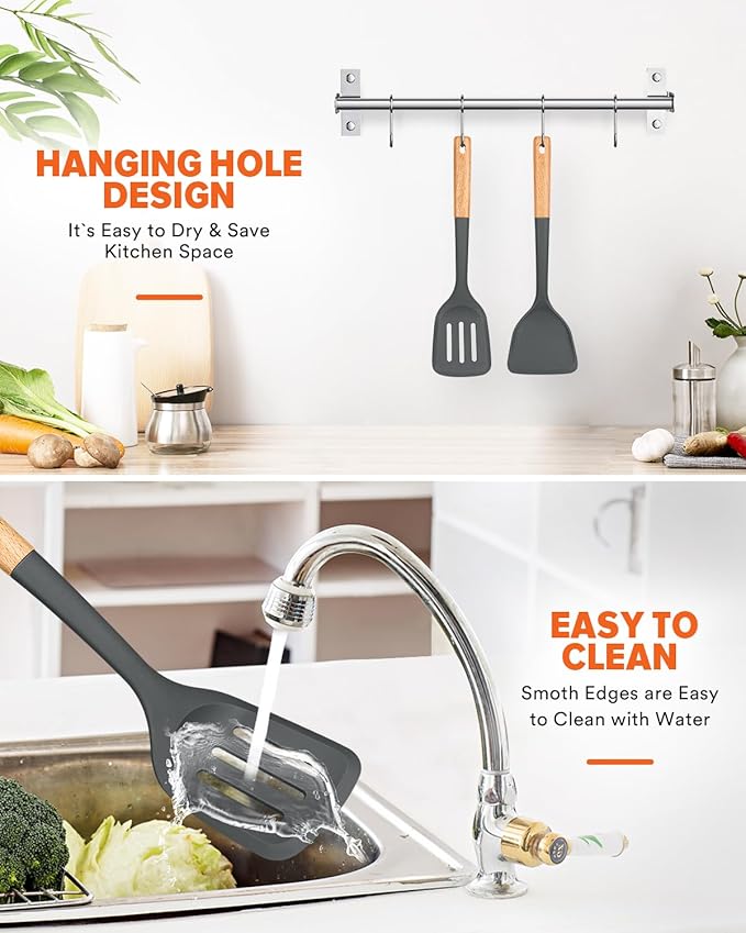 Silicone Wok Spatula Turner Set, Perfect for Scooping, Flipping, Lifting Pancakes and Picking up Veggies, BPA-Free Matte Silicone, Wooden Handles, Safe for Nonstick Cooking Surfaces (Grey)