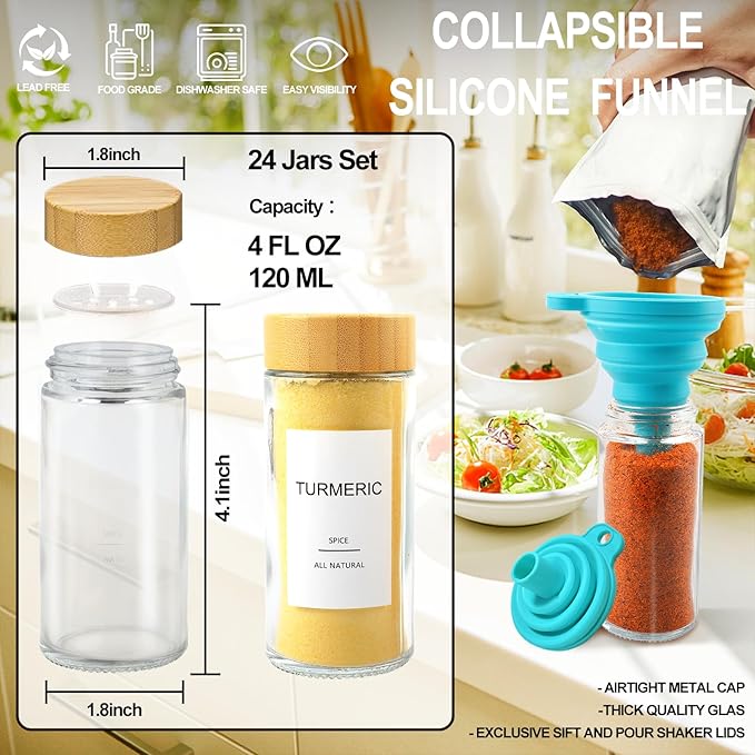 AISIPRIN Glass Spice Jars with 398 Labels-4oz 24 Pcs,Round Seasoning Jars with Bamboo Airtight Lids,Spice Container Set -Shaker Lids, Funnel,Brush and Marker Included