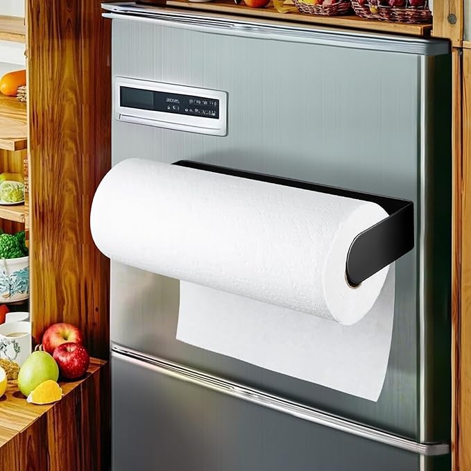 DELITON Magnetic Paper Towel Holder for Fridge - Black Paper Towel Roll Holder Under Cabinet Paper Towel Rack with Strong Magnet, Kitchen, Rv, Grill, Camping