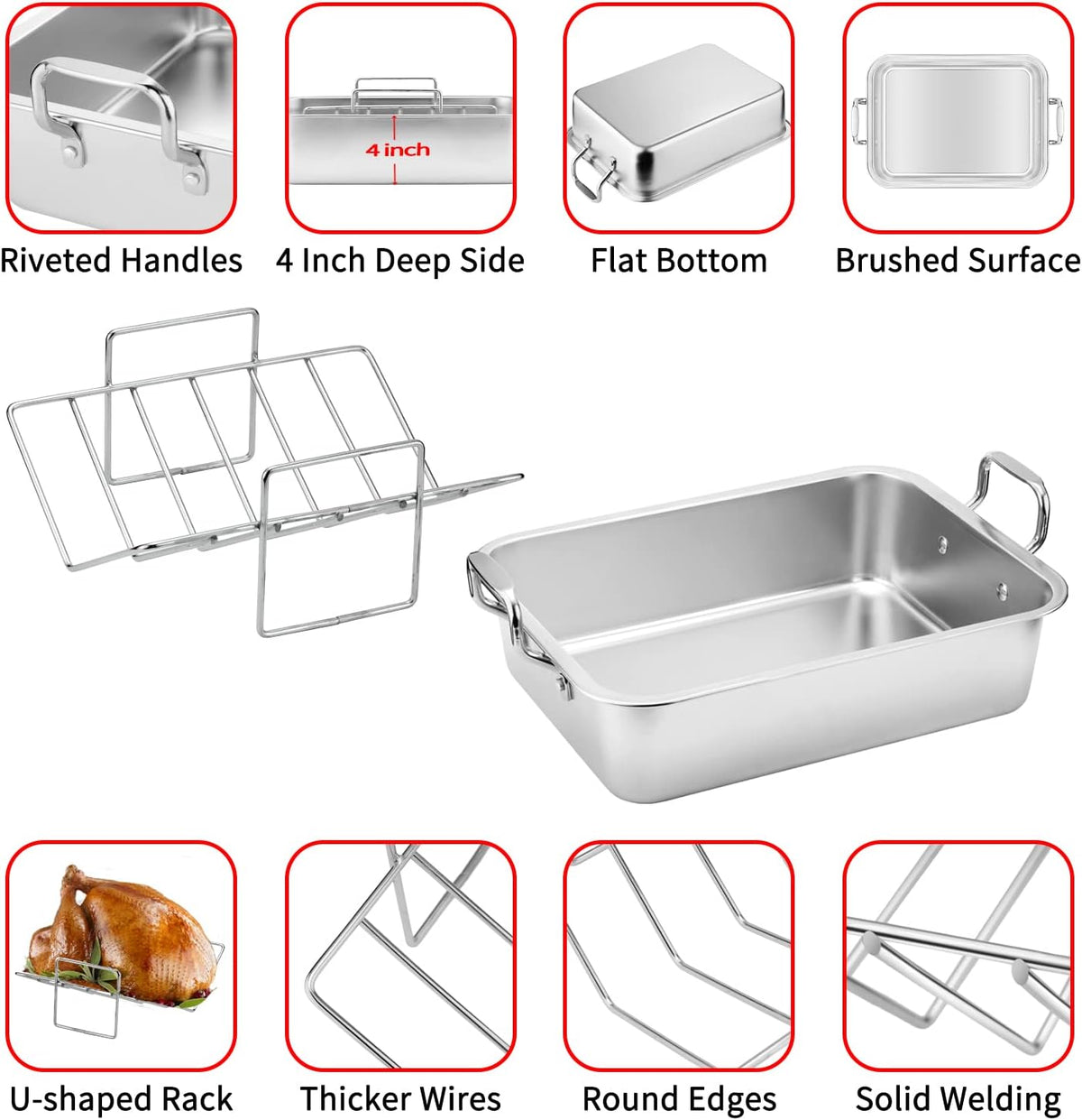 15 Inch Stainless Steel Roasting Pan with Cooling Rack - Turkey, Chicken, Ham Roaster with V-Shaped Baking Rack by Kendane