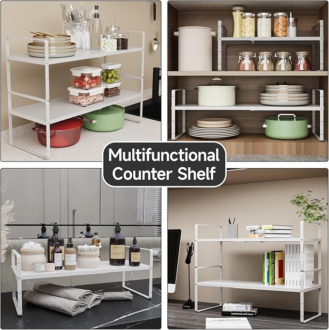 16.5-27’’L Expandable Kitchen Shelf Organizer, Stackable Shelves Organizer, Adjustable Height Pantry Spice Rack for Cabinet, Countertop, Pantry and Cupboard, White