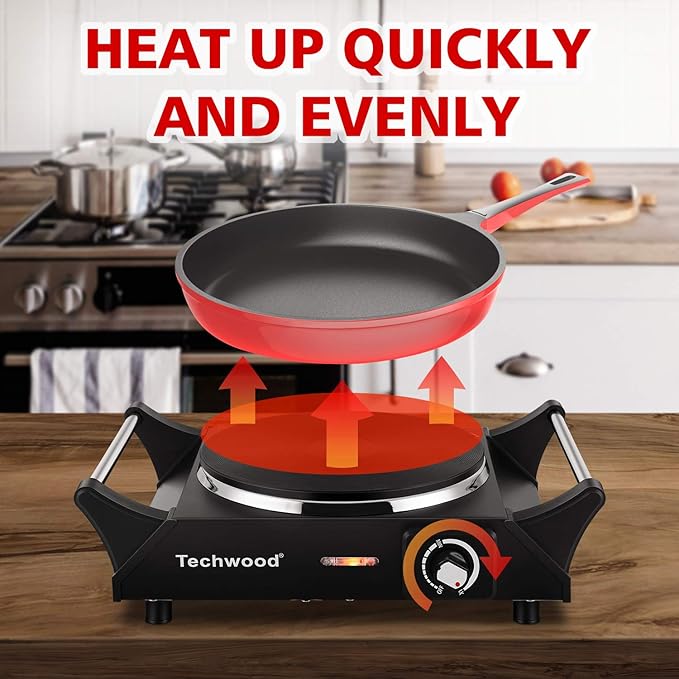 Techwood Hot Plate Portable Electric Stove 1500W Countertop Single Burner with Adjustable Temperature & Stay Cool Handles, 7.3” Cooktop for Dorm Office/Home/Camp, Compatible for All Cookwares
