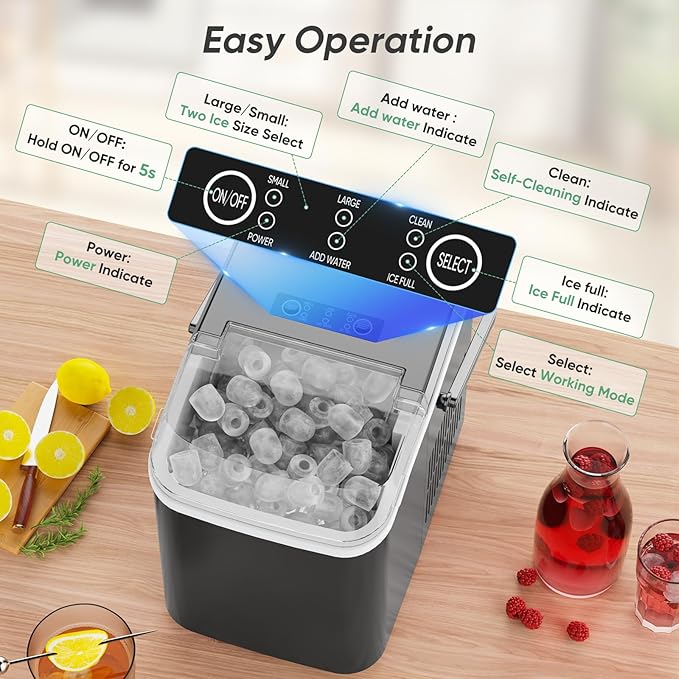 DUMOS Countertop Ice Maker with Handle, 26lbs/24H Portable Ice Machine, 9 Bullet Cubes Ready in 6 Mins, Self-Cleaning, Quiet Compact for Home, Kitchen, RV, Camping, Bright Black