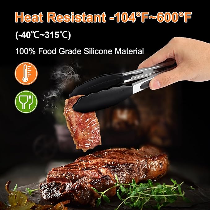 2 Pack Black Premium Stainless Steel Heat Resistant Kitchen Tongs for cooking,set of 9" and 12",Non Scratch Silicone cooking Tong Tip for Cooking Pans,Strong Grip BBQ tongs for Grabbing Hot Food