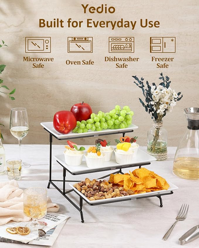 Yedio 3 Tier Serving Trays for Party, Porcelain Serving Platters and Trays, 12 Inch Tiered Tray Stand, Fruit Tray, Trays for Serving Food, White Dessert Stand with Collapsible Sturdier Metal Rack