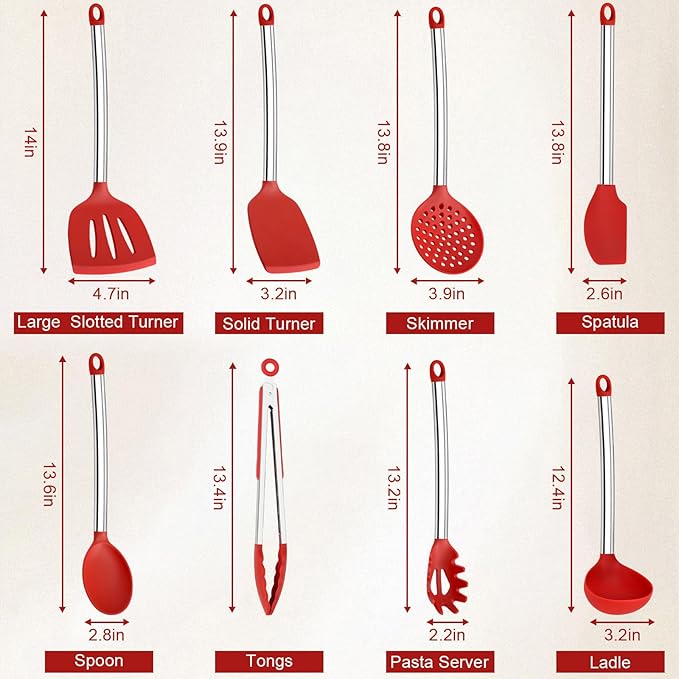 8 PCS Silicone Kitchen Utensils, Vayvnt Large Cooking Utensils Set for Nonstick Cookware, Silicone Spatula Set Includes Spoons and Tongs, Kitchen Essentials for Cooking & Baking, Dishwasher Safe, Red