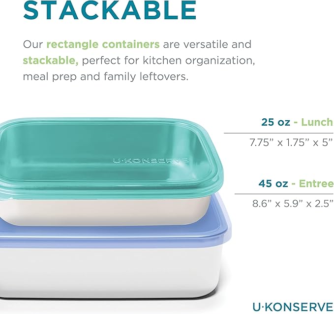 U Konserve Stainless Steel Rectangle Food Storage Bento Box Container, Leak Proof Silicone Lid Dishwasher Safe - Plastic Free, (45oz Clear)