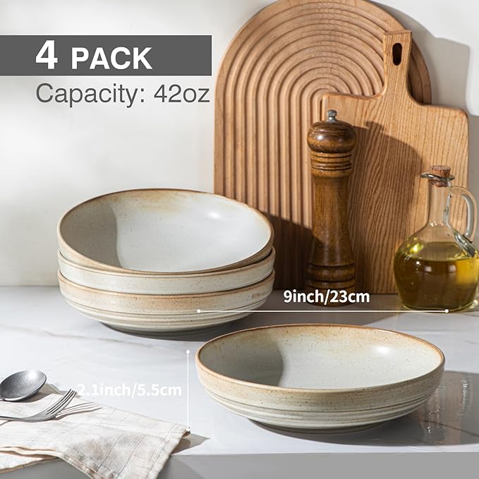 HAPPY KIT 9'' Pasta Bowls, 42oz Pasta Bowls Set of 4, Large Salad Bowl, Ceramic Serving Bowls,Double Reactive Glaze, Ideal for Housewarming, Festivals, Microwave Safe (Ivory)