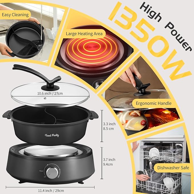 Food Party Hot Pot Electric Hotpot Separable Shabu Shabu Pot with Divider Hotpot Cooker Electric Dual Sided 110V 1350W Non-Stick 4L Fondue Pot for 2-6 People