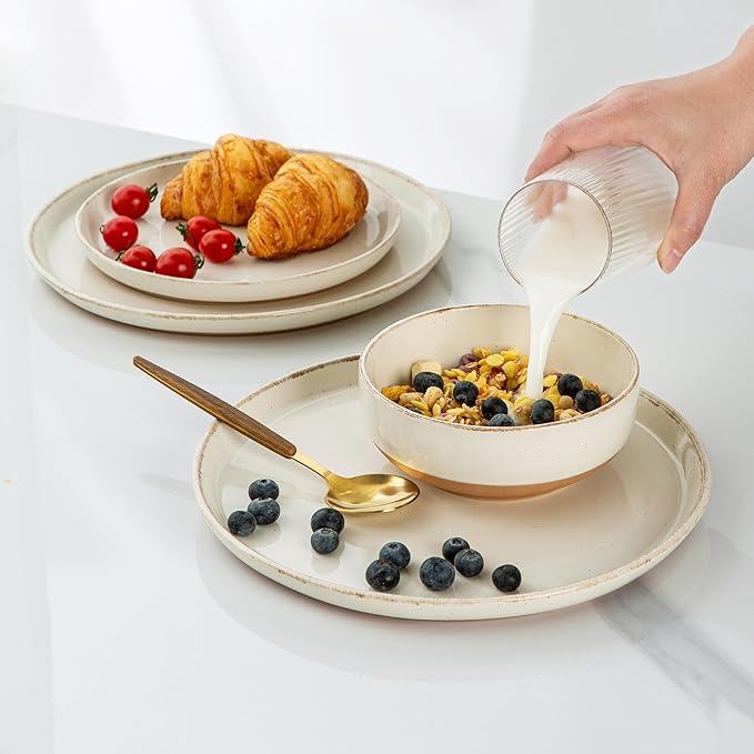 AmorArc 18 Pieces Ceramic Dinnerware Sets for 6, Handpainted Stoneware Plates and Bowls Set with Rustic Terracotta Underside, Scratch Resistant Dishes Set, Dishwasher & Microwave Safe