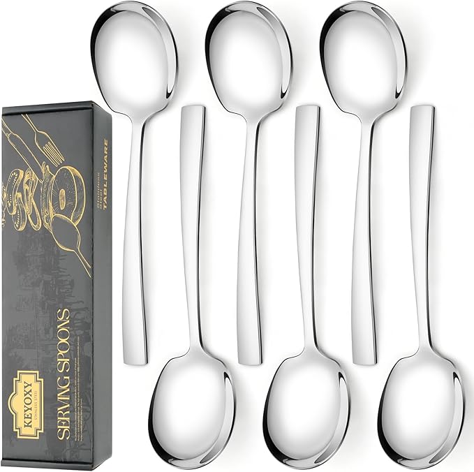 6 Piece Stainless Steel Serving Spoons Set - 6 Large Spoons, 9.2-Inch, Dishwasher Safe, for Parties/Kitchen/Buffet/Catering
