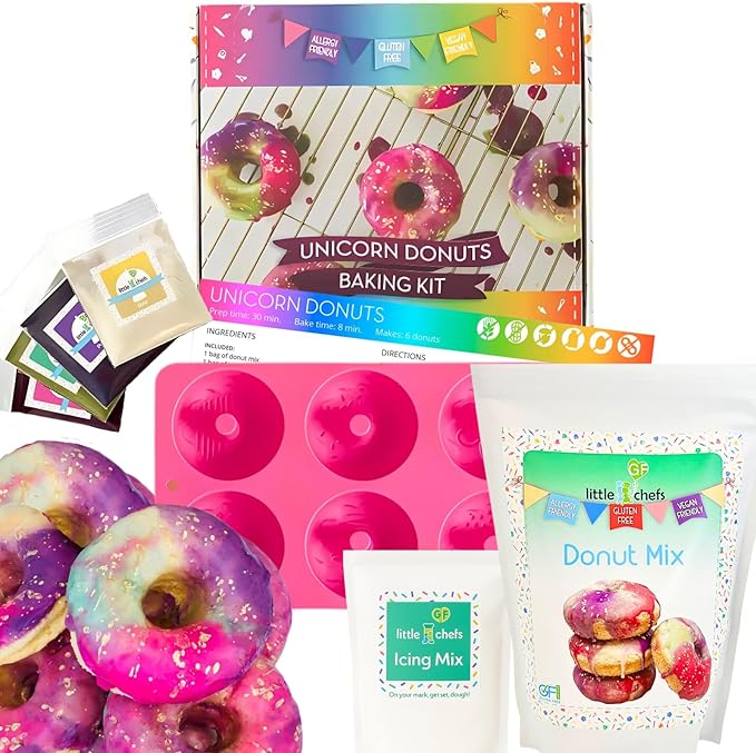 Little GF Chefs DIY Unicorn Donut Baking Kit for Kids | Gluten Free Rainbow Swirl Glaze Baking Supplies Gift Set with Icing Mix, Ingredients, Step-by-Step Instructions Dessert Kids Birthday Party