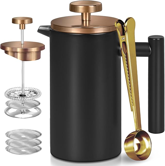 Black Stainless Steel French Press Coffee Maker, Double Wall Insulated French Press,for Coffee&Tea,with 3 Extra Screens and a Coffee Spoon,34oz/1000ml,Gold