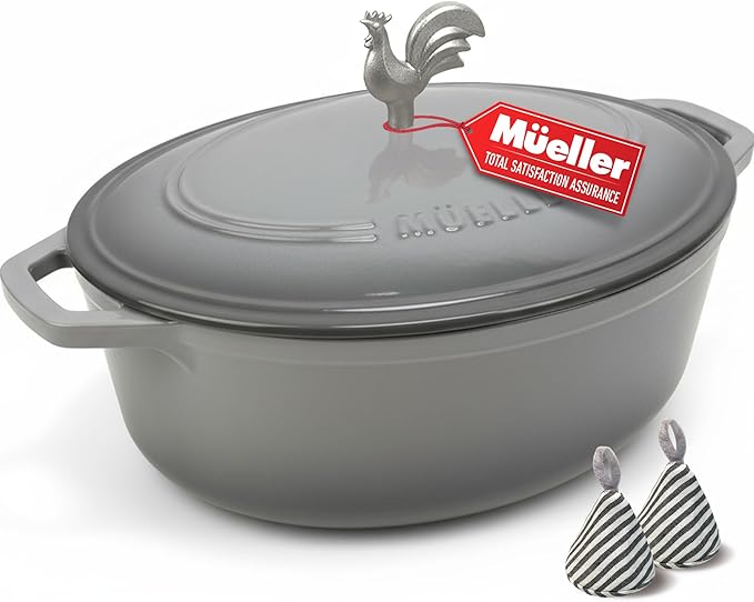 MUELLER HOME 5.5 Quart Enameled Cast Iron Oval Dutch Oven with Rooster Knob & Cotton Potholders, Heavy-Duty Cookware, Oven-Safe up to 500° F & Across All Cooktops, Gifts for Grandma & Women, Gray