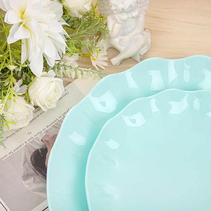 LIYH 24 Pcs Plastic Blue Plates Reusable - Unbreakable Ice Blue Party Scalloped Plates, Microwave & Dishwasher Safe Camping Plate Perfect for Parties, Wedding, Birthday, BPA Free (12Guests)