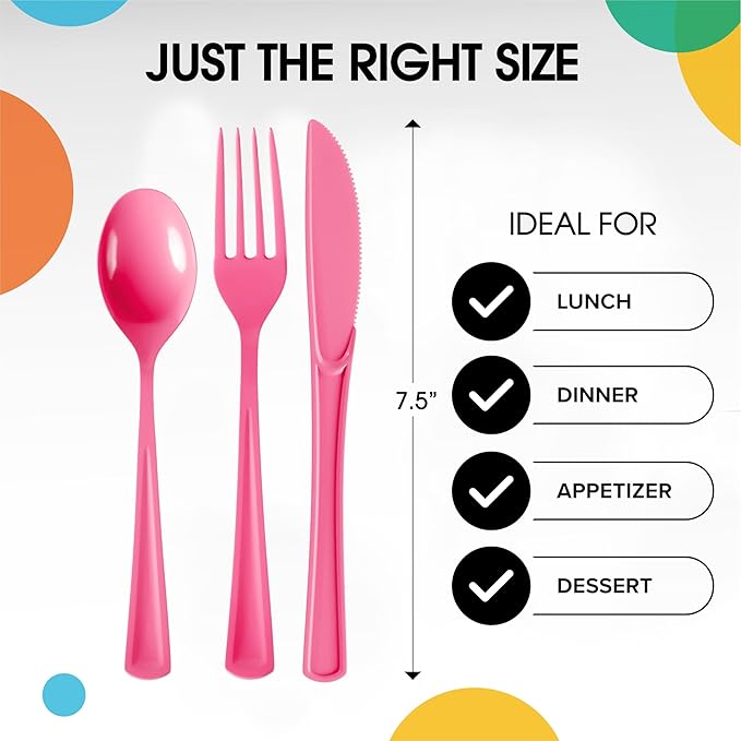 Party Solids Hot Pink Plastic Silverware Heavy Duty 300 Pieces Hot Pink Plastic Cutlery Sets, Utensil Sets, 100 Of Each Forks, Knives & Spoons Disposable Cutlery Set, Flatware Set For Party Supplies