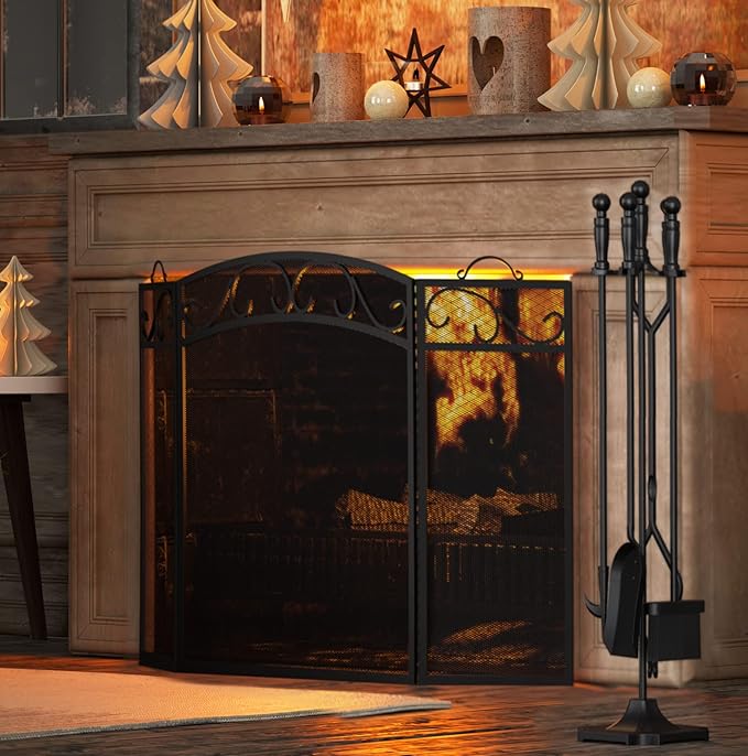 Fire Beauty Fireplace Tools Set 5 Pieces Wrought Iron Fireset Woodstove Log Tongs Holder Fire Kit Setwith Pedestal Place(32 Inches)