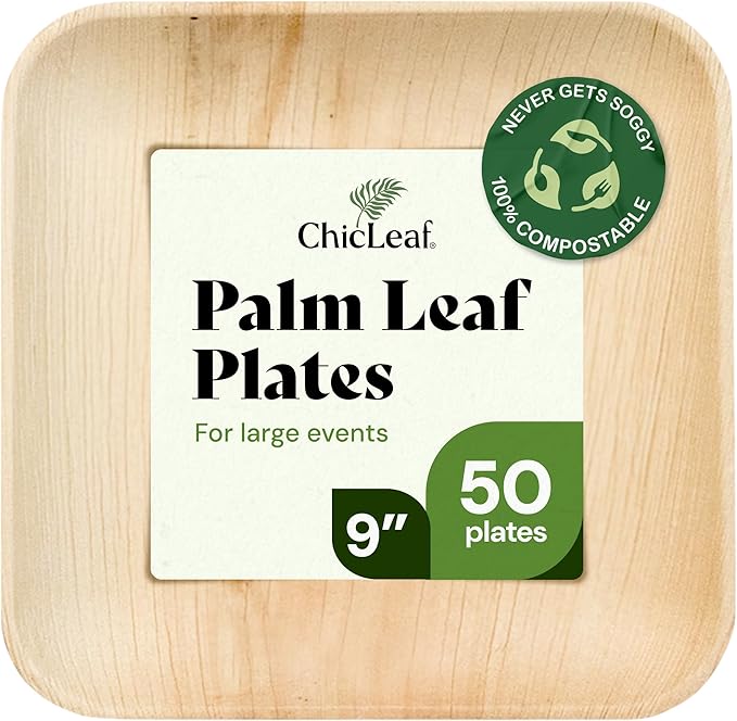 Chic Leaf Palm Leaf Bamboo Plates - 9-Inch Square, Pack of 50 - Eco-Friendly Compostable Platters - Microwave-Safe Disposable Plates - Durable Party Dishware