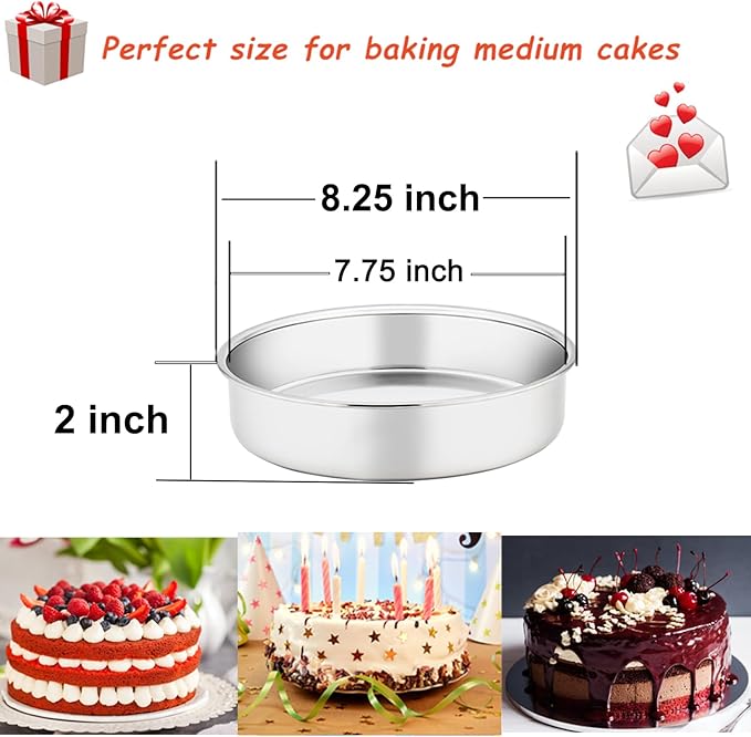 TeamFar Cake Pan Set of 2, 8 Inch Cake Pan Round Tier Tins Set Stainless Steel, Healthy & Heavy Duty, Mirror Finish & Easy Clean, Dishwasher Safe