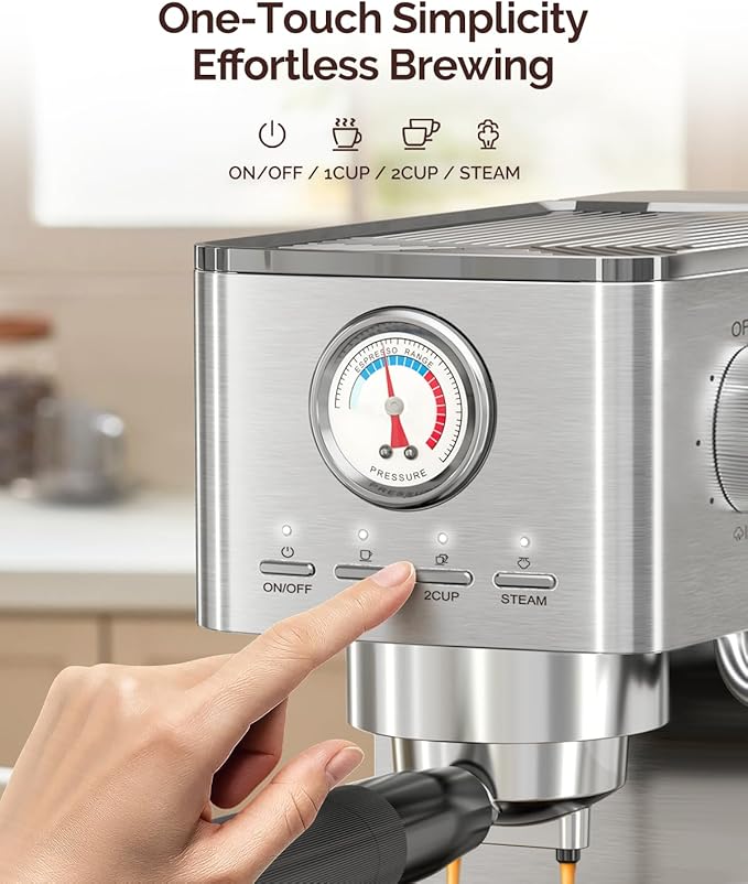 Maestri House Espresso Machine, 20 Bar ULKA Pump, Compact Espresso Maker Built-in Flow Meter Steam Milk Frother, Stainless Steel Coffee Machine for Cappuccino, Latte (Silver)