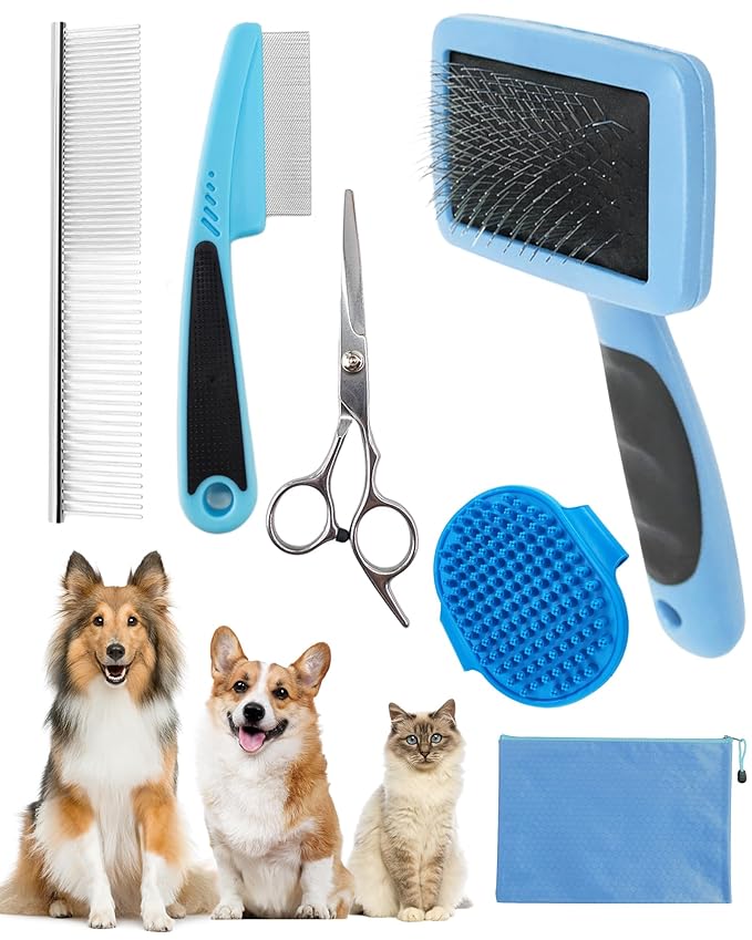 Dog Brush for Shedding Grooming,6 Pack Long-Pin Brush Set for Long Haired Dog Cat Goldendoodles Poodles Doodles Blue