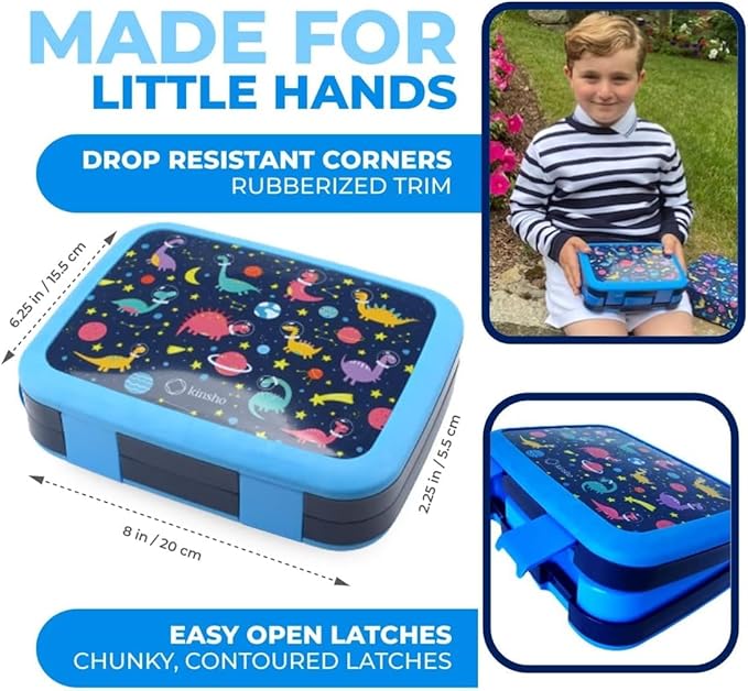 Kids Lunch Box - Bento Box for Boys Toddler Daycare, 4 Portion Sections with Lid, Snack Container Pre-School Kid Lunches Toddlers Removable Tray BPA Free, 3+ Years Old, Blue Rocket Dinosaur