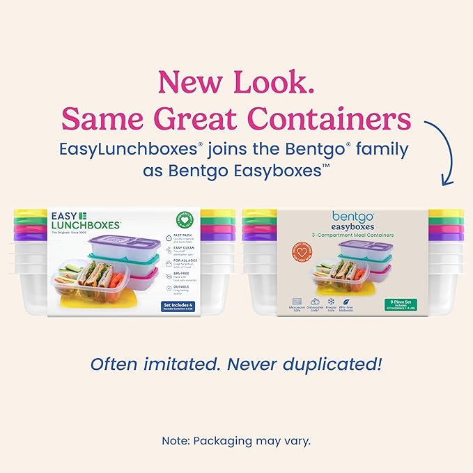 Bentgo Easyboxes - Original Stackable Lunch Boxes - Reusable 3-Compartment Food Containers for Kids and Adults - Bento Lunch Box for Meal Prep, School, & Work - BPA Free, Set of 4 (Brights)