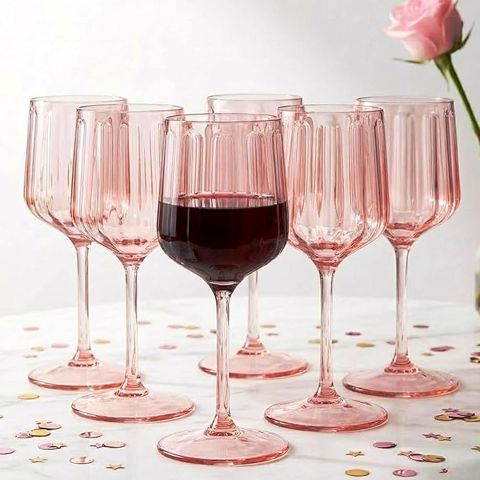 Khen Acrylic Lucia Stemmed Goblets - Unbreakable Wine Glasses Reusable Drinking Cups Dishwasher Safe Elegant Stemware for Cocktail Champagne | Kitchen Bar Party | Set of 6 |14oz | Pink