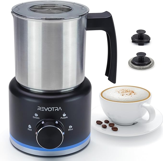 4 in 1 Milk Frother and Steamer, 500ml Electric Foam Maker with Dial Control & LED Indicator, Hot & Cold Milk Frother, Non-Stick Stainless Steel, Silent, Easy to Clean, for Coffee