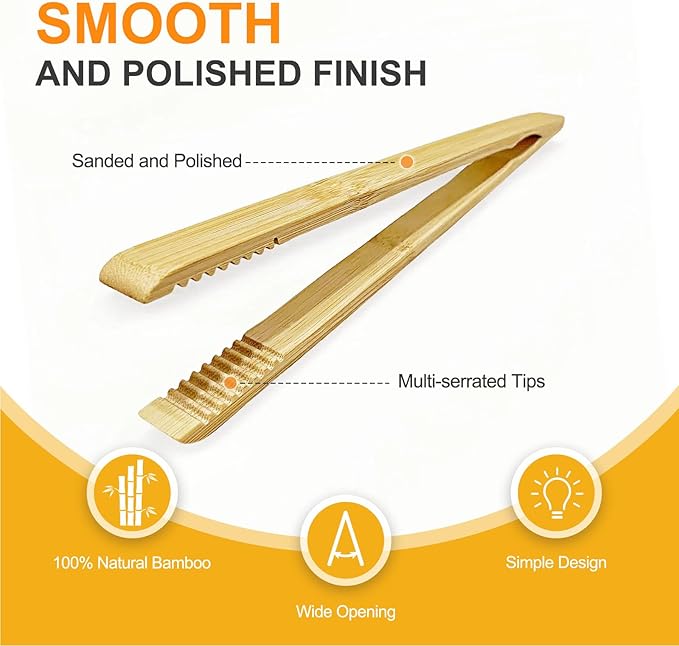 2 Pack Premium Bamboo Toaster Tongs, 10 Inches Natural Wooden Tongs with Serrated Tips for a Secure Grip on Toast, Bagels, Pastries, and Salads, Reusable for Cooking & Serving