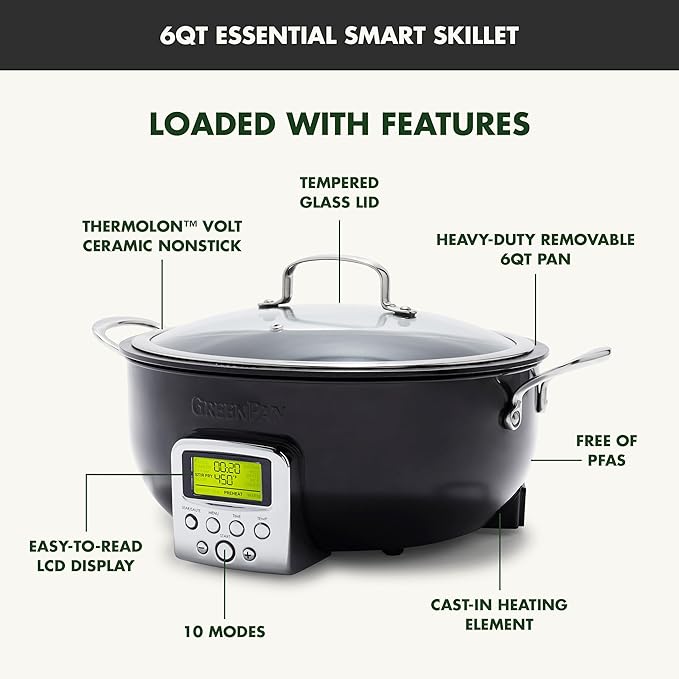 GreenPan Elite Essential Smart Electric 6QT Skillet Pot,Sear Saute Stir-Fry and Cook Rice, Healthy Ceramic Nonstick and Dishwasher Safe Parts, Easy-to-use LED Display, PFAS-Free, Black