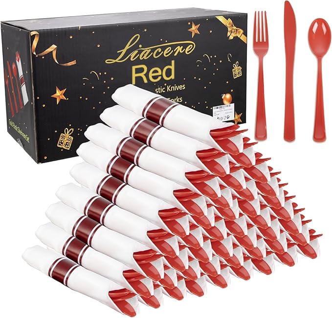 Liacere 400PCS Pre Rolled Red Silverware and Napkin - Disposable Red Plastic Utensils-Wrapped Plastic Cutlery Set with Napkin:100Forks,100Knives,100Spoons,100Napkins for Wedding＆Valentine＆Christmas