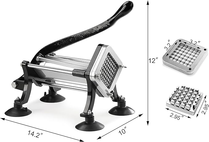 New Star Foodservice 43204 Commercial Grade French Fry Cutter with Suction Feet, 1/2 Inch and 3/8 Inch Blades, Limited Edition Black