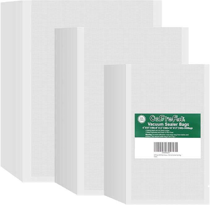 O2frepak 300 Bags 100 of Each Size Plus Quart 10"x13" and Quart 8"x12" and Pint 6"x10" BPA Free Sous Vide Seal a Meal Commercial Grade Vacuum Seal PreCut Combo Pack Bag