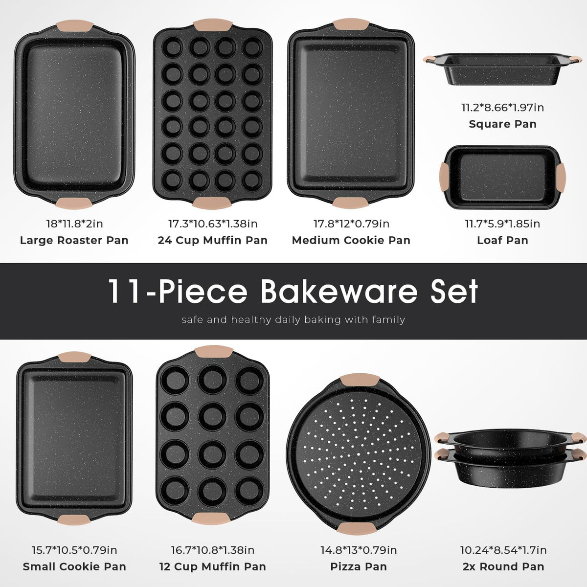 11-Piece Baking Pans Set, Nonstick Bakeware Sets, Oven Pans for Baking with Silicone Handles, Includes Cookie Sheet, Cake Pans, Loaf Pan, Pizza Pan, Muffin Pan, Khaki&Black¡­