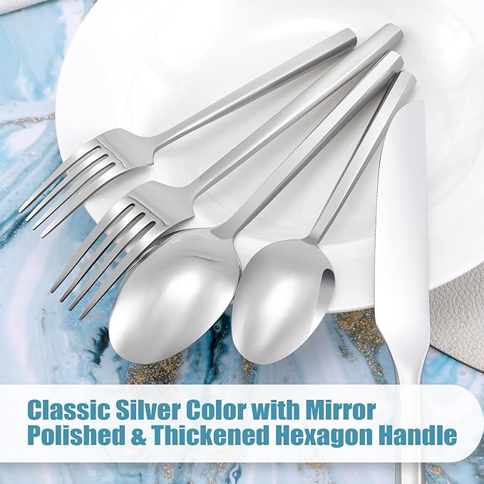 DEACORY Silverware Set Flatware Set Stainless Steel Cutlery Set Silver Mirror Finished Hexagon Handle 5 Pieces Service for 1