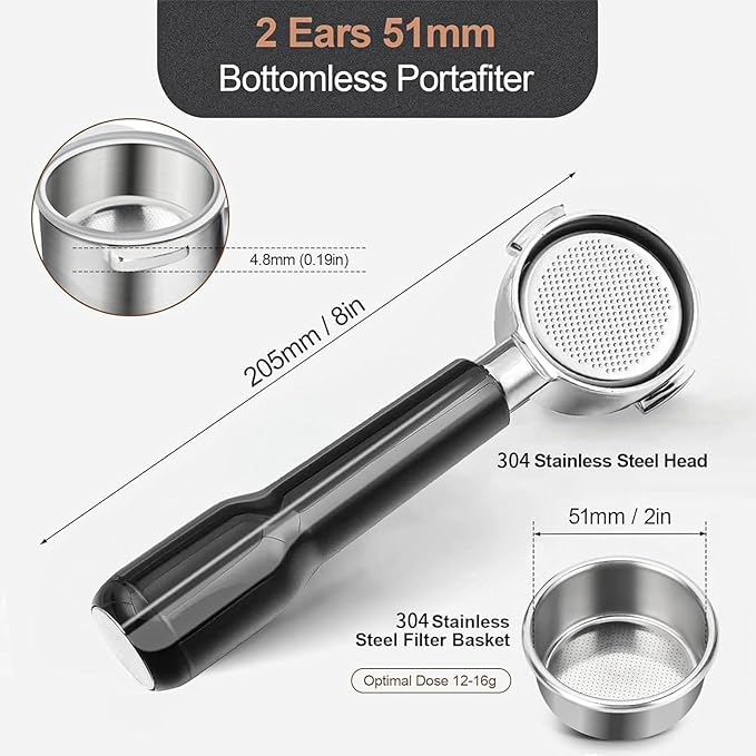 51mm Bottomless Portafilter Compatible for Delonghi ECP3420/ECP3120/EC155/BCO430/EC260, 2 Ears, with Stainless Steel Double Shot Capacity Cup Filter Basket