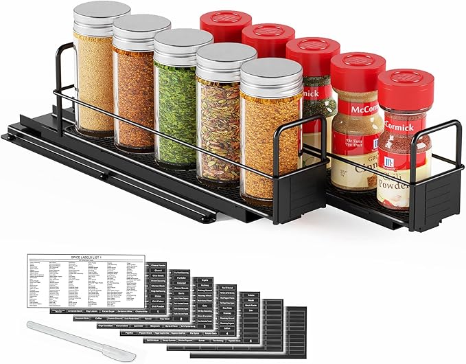 SpaceAid Pull Out Spice Rack Organizer for Cabinet, Heavy Duty Slide Out Seasoning Kitchen Organizer, Cabinet Organizer, with Labels, 5.2" W x10.8 D x4 H, 2 Drawers 1-Tier