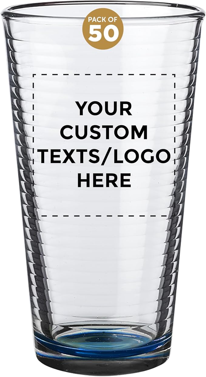 Custom Spiral Pint Glass 16 oz. Set of 50, Personalized Bulk Pack - Beer Glasses, Heavy Duty Drinkware - Blue