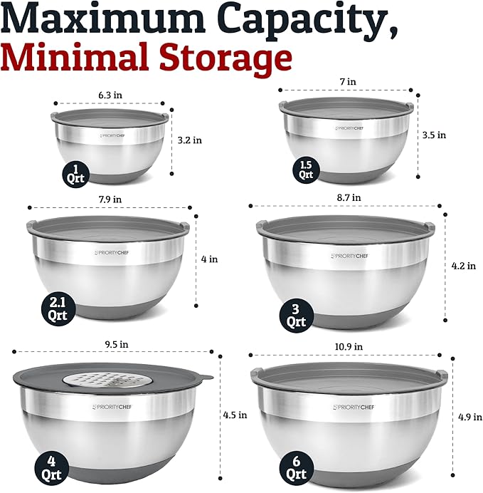 Priority Chef 6Pc Large Mixing Bowls With Lids Set with Non-Slip Bases, Stainless Steel Mixing Bowl Set, 6 Airtight Lids and 3 Graters, Grey
