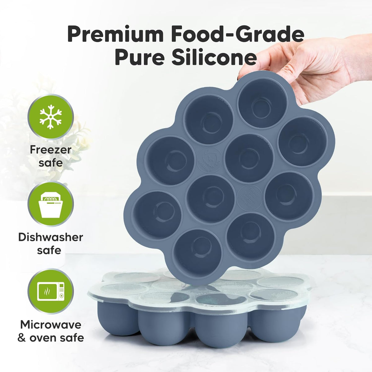 KeaBabies Silicone Food Freezer Trays with Lid, 2oz x 10 Pods Baby Food Storage Containers, Easy Puree Meal Prep, Breast Milk Silicone Freezer Molds, Dishwasher, Microwave Safe, BPA-Free (Slate)