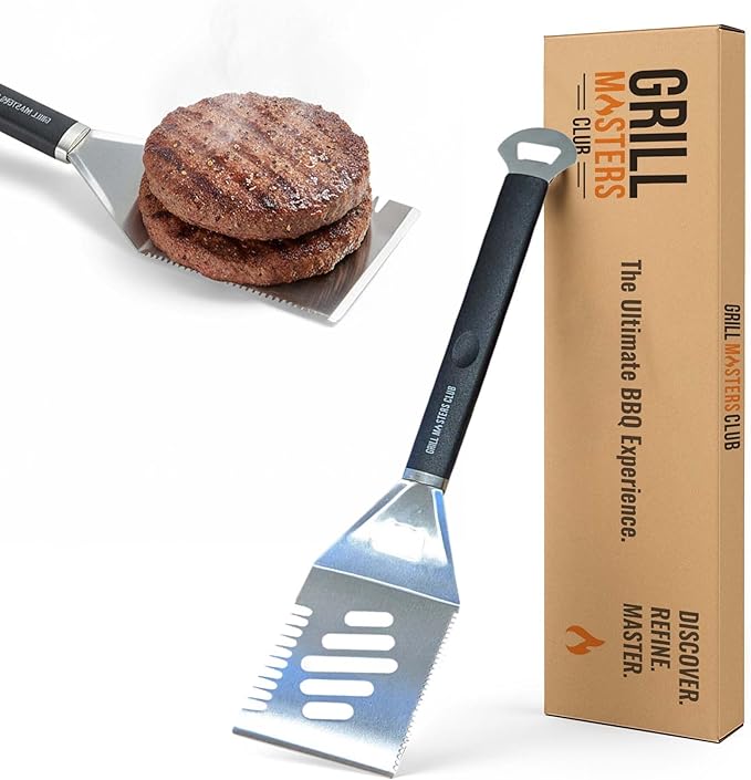 Grill Masters Club 4-in-1 BBQ Spatula | Multifunctional Stainless Steel Grill Spatula with Polypropylene Handle, Serrated Edges, Bottle Opener | Perfect for BBQ grills, kebabs for Camping & Picnics